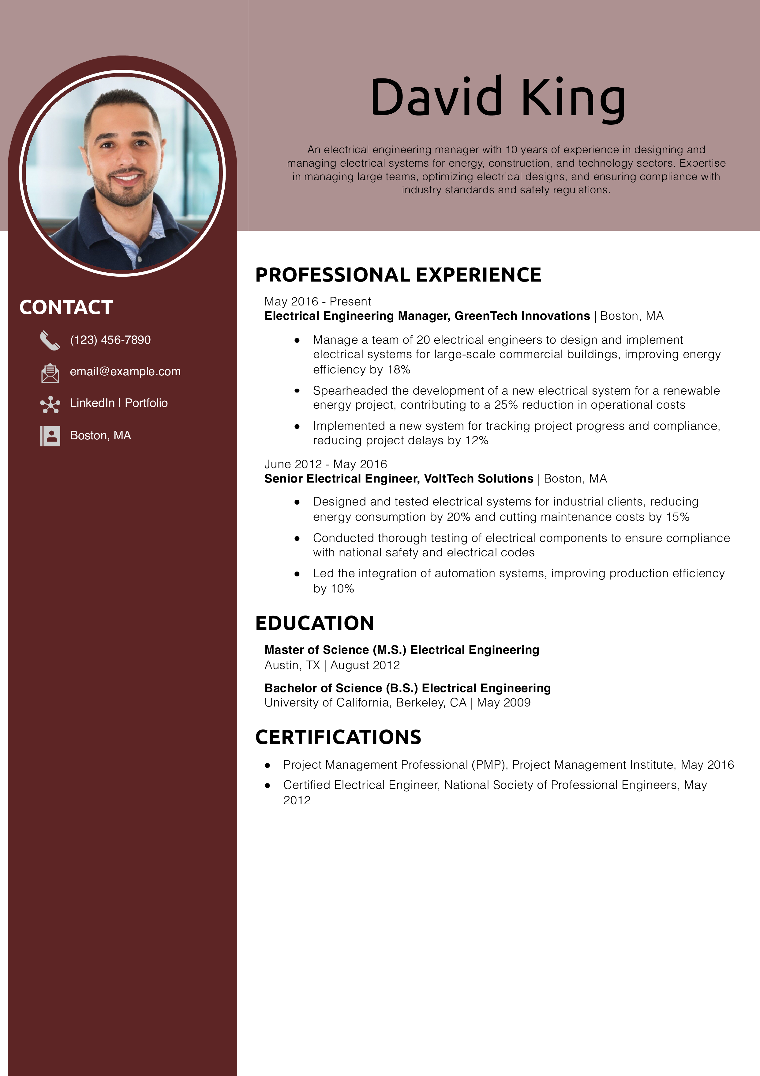 Renewable Energy Electrical Engineering Manager Resume Example