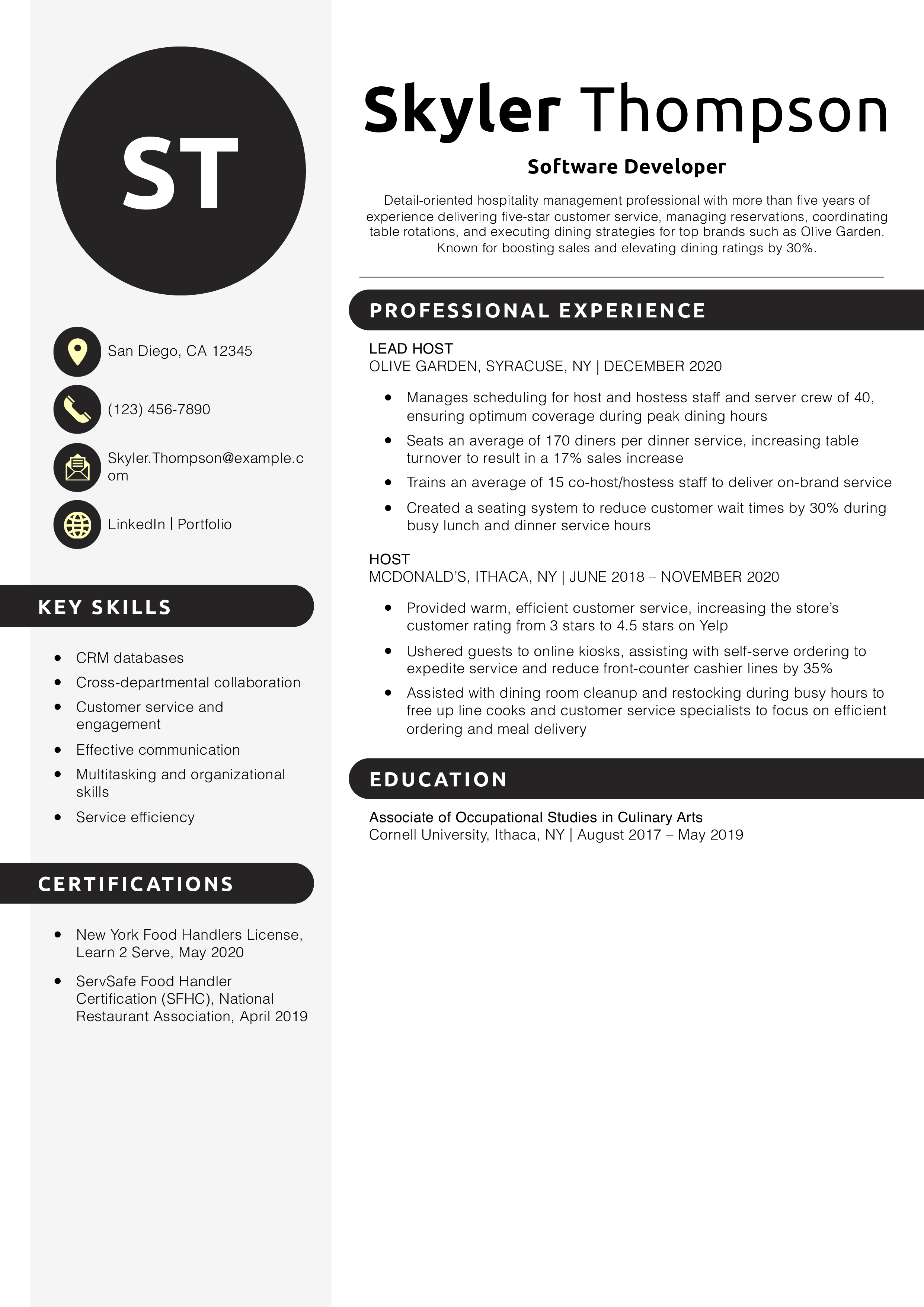 Mid-Level Host and Hostess Resume Example 