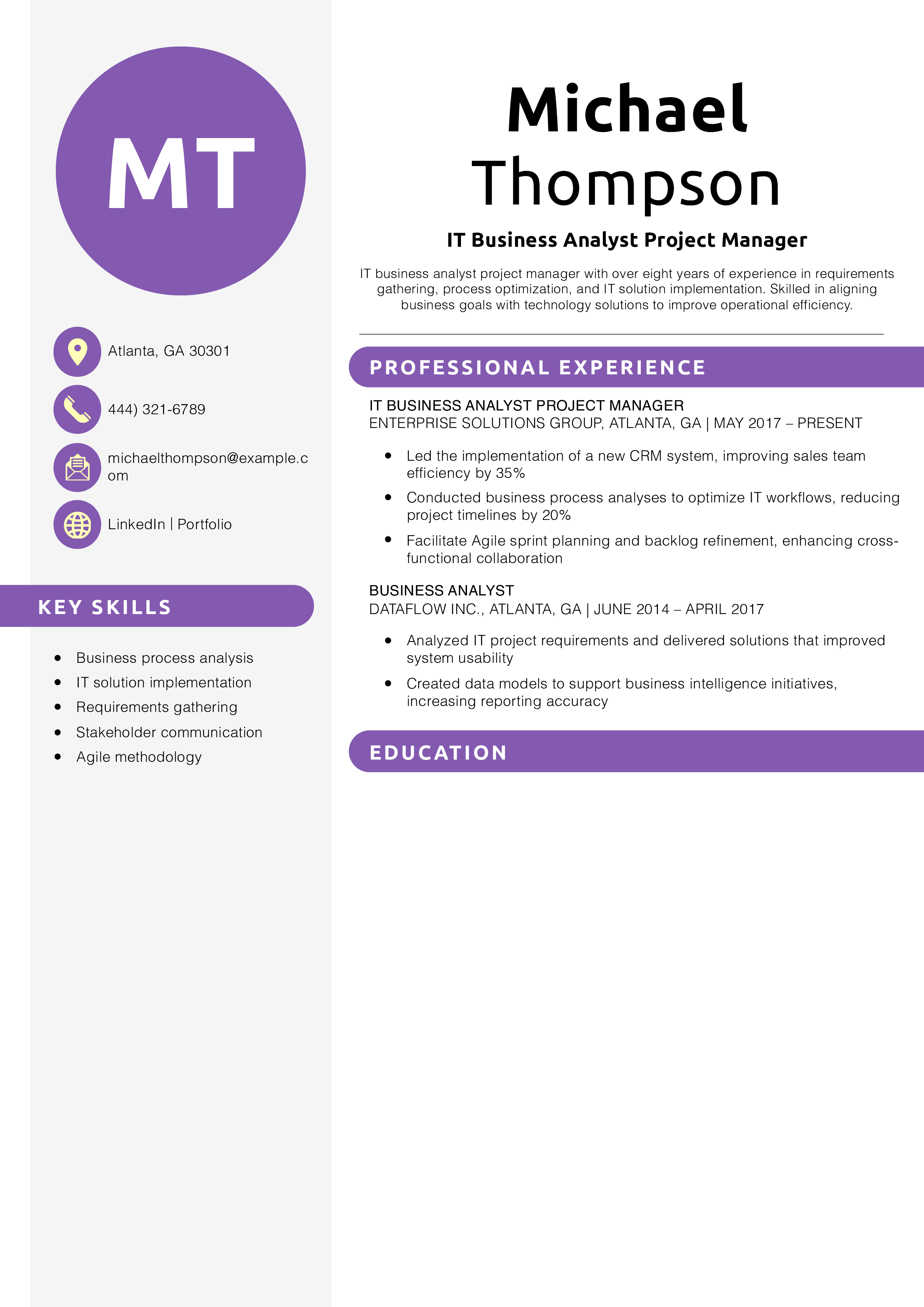 IT Business Analyst Project Manager Resume Example
